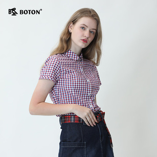 boton波顿2024夏季短袖格子，衬衫经典英伦女士，休闲透气修身衬衣