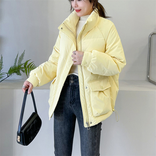 暖色系2023冬装羽绒棉衣女，立领加厚黄色，短款宽松休闲棉袄外套
