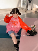韩版休闲上衣2023春款女童字母，撞色蝙蝠袖，t恤衫儿童修身牛仔中裤