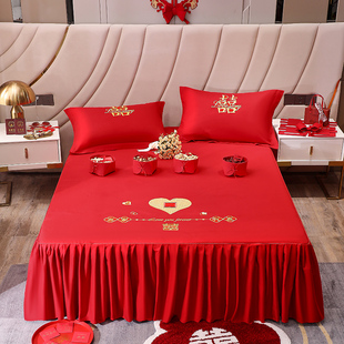 床裙单件大红色婚庆结婚床单床笠三件套加厚固定防滑韩式床罩枕套