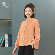 YUN韫2023秋季女装文艺风气质风琴褶POLO领纯色名媛衬衫上衣