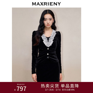 maxrieny法式复古撞色花边刺绣，蕾丝雪纺衫，23冬赫本风修身丝绒上衣