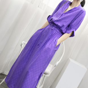 紫色格纹铜氨丝长裙连衣裙女 长款及踝显瘦高级感格子醋酸A字长裙