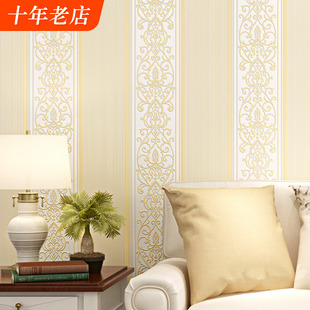 现代简约壁纸卧室立体客厅，米黄色竖条纹无纺布欧式非自粘背景墙纸