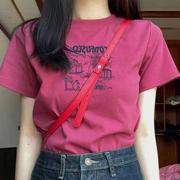 gg。玫红色短袖t恤女夏装设计感小众，复古百搭修身正肩上衣