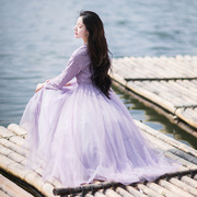 棉麻记秋装长袖紫色连衣裙2021初秋文艺蕾丝长裙收腰显瘦女装