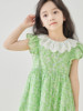 夏季2024女童纯棉甜美超仙连衣裙花边领绿色，碎花公主裙