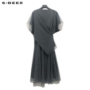 sdeer圣迪奥女装优雅圆领，网纱两件套吊带连衣裙s223z12b1