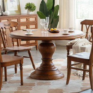 木朵朵家具美式圆餐桌原木，红橡木中古定制全实木法式复古圆形餐桌