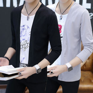长袖t恤男潮假两件春季韩版开衫帅气修身发型师，短袖上衣个性半袖