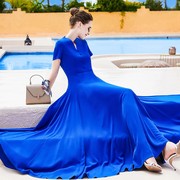 帝弗润驰23夏法式(夏法式)复古蓝色，高级感连衣裙气质修身大摆女神长裙