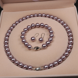 时尚甜美10mm紫色贝壳珍珠项链手链耳环三件套贝珠送妈妈