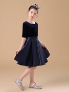 女童深蓝色丝绒钢琴晚礼服演出服中袖短款公主裙儿童主持人表演服