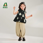 Amila女童夏季休闲套装时髦儿童宝宝甜美衬衫长裤两件套小孩洋气