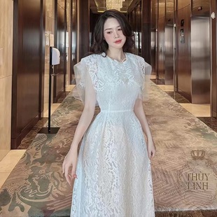 越南设计师2024年圆领高腰显瘦白色蕾丝气质连衣裙伴娘裙1609