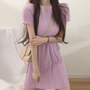 韩国chic夏季温柔气质圆领，坑条显瘦冰丝薄款短袖，包臀针织连衣裙女