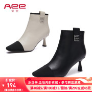 羊皮尖头短靴秋冬Aee/爱意侧拉链细跟高跟靴子4123605005