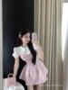 韩系甜美可爱少女感娃娃，领短上衣收腰粉色吊带，连衣裙两件套女显瘦