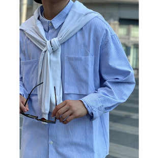 蓝白色条纹衬衫男日系春季长袖宽松休闲港风通勤cityboy衬衣外套