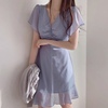 韩国chic夏季法式设计感褶皱V领系带收腰飞飞袖荷叶边雪纺连衣裙