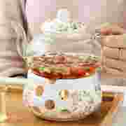 陶瓷花茶壶花茶具透明杯玻璃，花草水果花果，茶壶耐热蜡烛加热套装