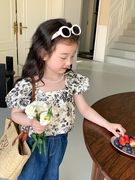 女童数码印花水墨画泡泡袖方领衬衫儿童夏季韩版短袖娃娃衫上衣