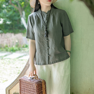念江南新中式复古禅意，单排扣苎麻短袖衬衫女简约设计感小众上衣