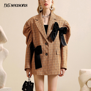 春季法式时尚复古洋气小众设计感蝴蝶结西装女浅棕色时髦减龄外套