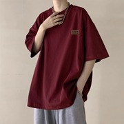 特大码300斤酒红色重磅短袖t恤男夏季美式复古纯棉宽松半袖体恤衫