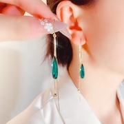 2022绿色水晶流苏耳线女长款气质高级感日韩防过敏水滴耳环