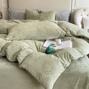 欧式烂花3D雕花纯色牛奶绒保暖床上四件套珊瑚绒被套床单加大床品