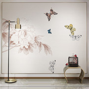 现代中式牡丹蝴蝶意境装饰壁纸客厅电视背景墙纸茶室定制环保壁画