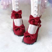 红色婚鞋洛丽塔高跟圆头皮鞋lo中跟可爱舒适小皮鞋女玛丽珍鞋