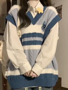 韩系学院风针织毛衣，套装女秋冬小众慵懒风马甲衬衫两件套