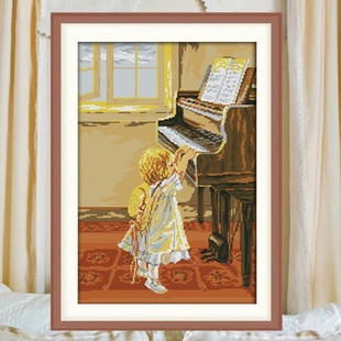 自己绣可爱小女孩，和钢琴十字绣女宝宝2023儿童油画小幅线绣