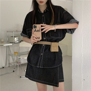 韩国小众明暗线设计时髦短袖纯黑牛仔衬衣牛仔裙，高腰显瘦两件套女