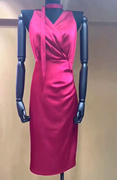 法式玫红飘带缎面气质，抽褶连衣裙女2023高级感生日性感系带背心裙