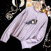 香芋紫圆领开衫针织女外套慵懒风2021秋软糯粗线，麻花短款宽松毛衣