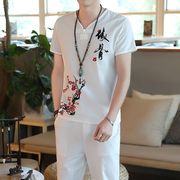 亚麻短袖T恤男棉麻刺绣套装男大码夏季中国风复古宽松休闲两件套