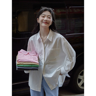 觅定韩系白色长袖衬衫女上衣高级设计感小众衬衣外套春装粉色