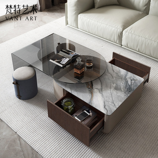 轻奢茶几钢化玻璃小户型现代简约客厅个性化旋转岩板茶台桌高级感