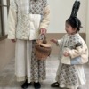 韩版亲子装母女棉衣裙子两件套碎花拼接款，女童冬季夹棉衣套装