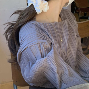 韩国chic秋季小众温柔圆领设计褶皱感宽松紫罗兰显白长袖衬衫上衣