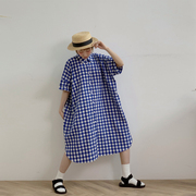 hewu和物原创设计女装，蓝白格子衬衫裙宽松短袖连衣裙法式