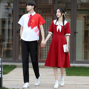 中国大码男女泼墨衬衫海军领红色，礼服裙初高中小学生合唱演出班服