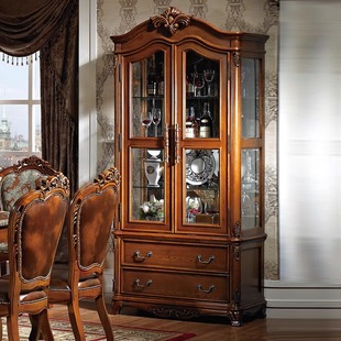 美式实木酒柜双门玻璃装饰柜客厅大容量靠墙储物柜欧式轻奢茶水柜