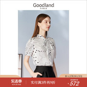 goodland美地女装夏季优雅黑白，波点衬衫飘带领短袖上衣