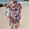 海南夏威夷花衬衫男港风日系，精神短袖男士沙滩碎花潮流度假上套装