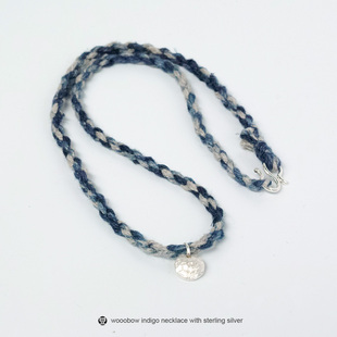 颈绳手工编织植物蓝染麻棉，纯银珠男女手链，情侣项链潮牌礼物