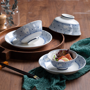 日式碗碟套装家用景德镇陶瓷生肖兔子青花瓷餐具单个饭碗盘碗盘勺